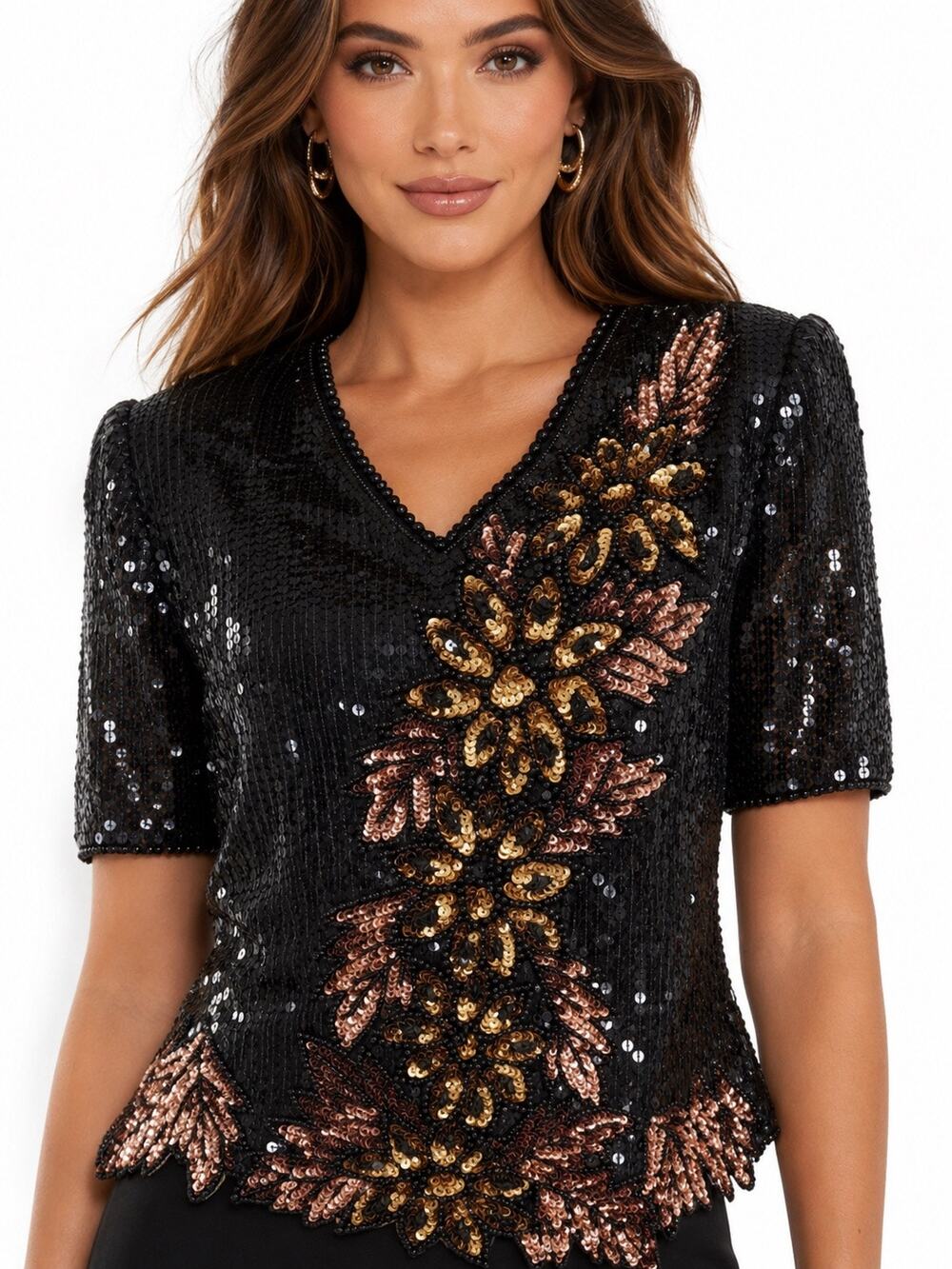 Vintage 80s Stenay Black Silk Sequin Beaded Evening Top Large Rose Gold Floral